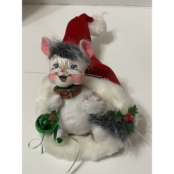 Annalee Collectors Christmas Cat In Holiday Stocking Santa Hat Collar Holly - Picture 1 of 4